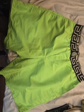 Versace Neon Lime Swim Shorts with Black and Gold Greek Key Waistband